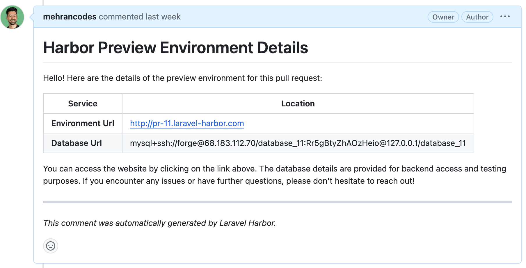 Harbor site info comment on pull requests