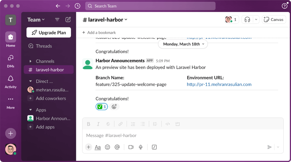 Slack app showing Harbor announcements